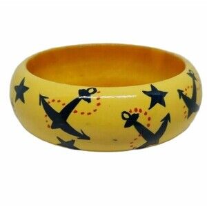 Nautical Wood Bangle Bracelet Yellow Blue Red Painted Anchors Stars Vintage